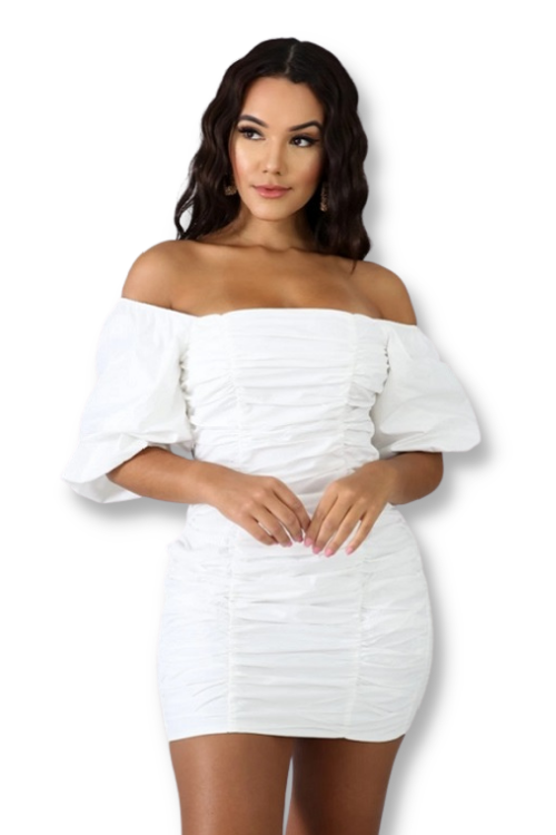 Ivory Ruched Balloon Sleeve Dress – ICONIC7